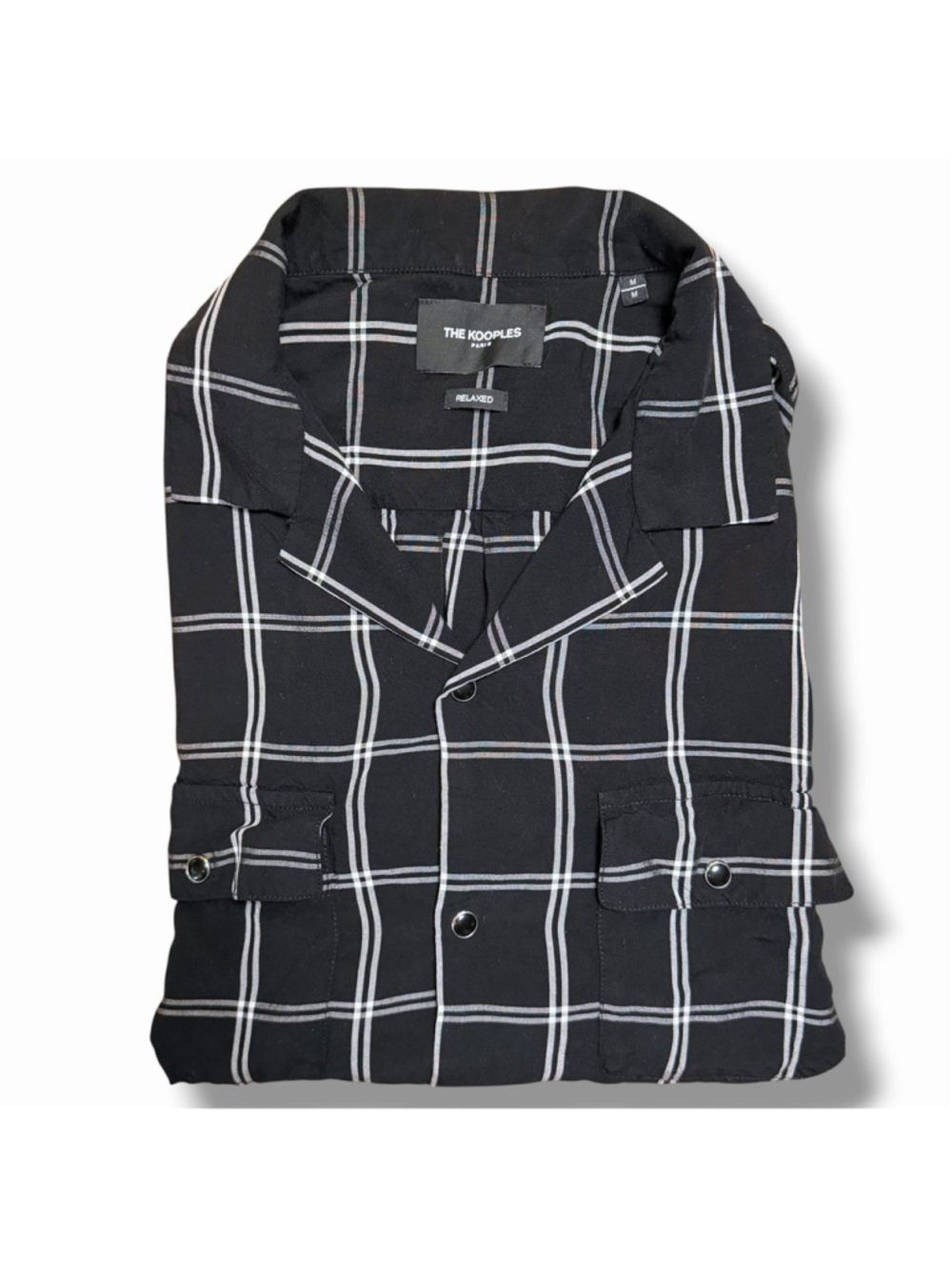 The Kooples Men Black White Plaid Snap Button Long Sleeve Shirt Pocket M Relaxed